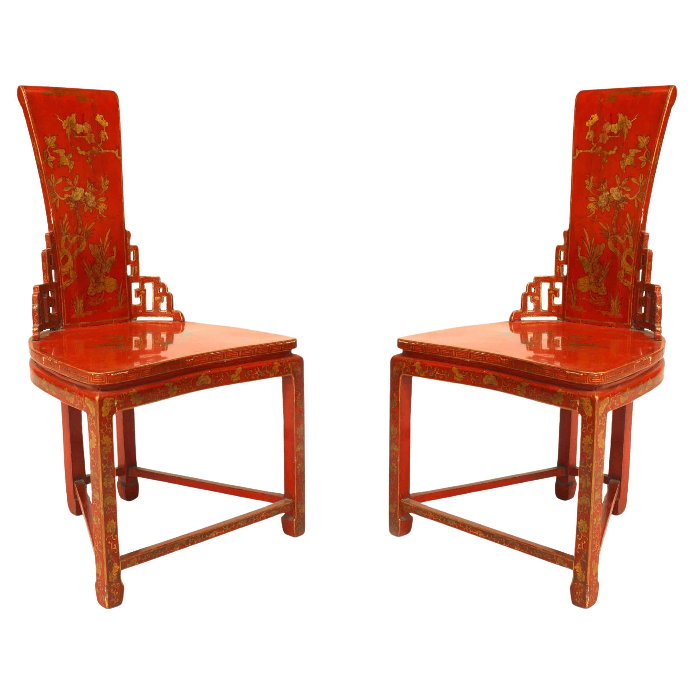Pair of Asian Chinese (19th Cent) Red & Gilt Side Chairs For Sale