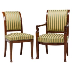 Conjunto de 8 sillas de comedor tapizadas de caoba imperio francés y rayas doradas y verdes