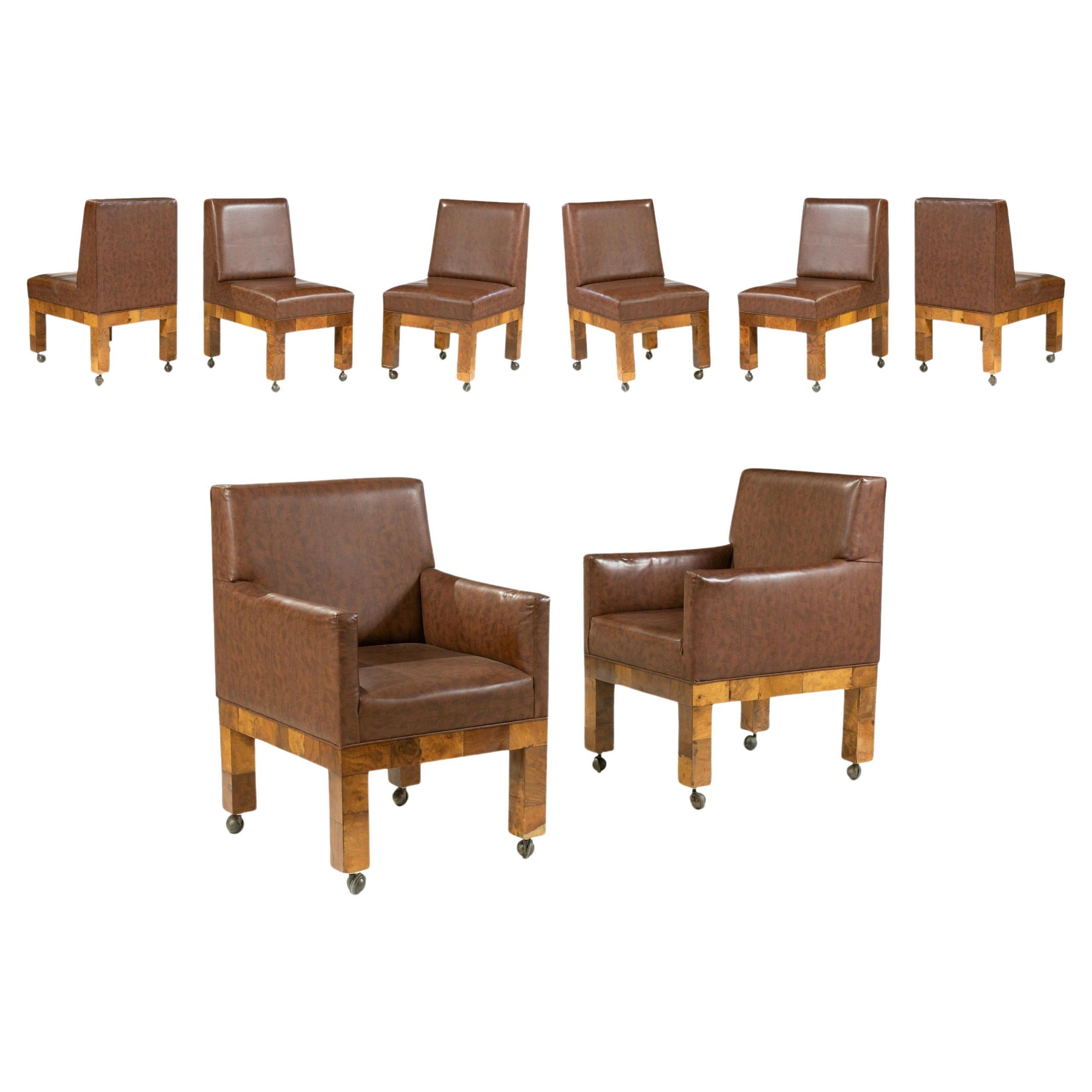 Set of 8 Mid-Century Paul Evans Burl Patchwork Dining Chairs For Sale