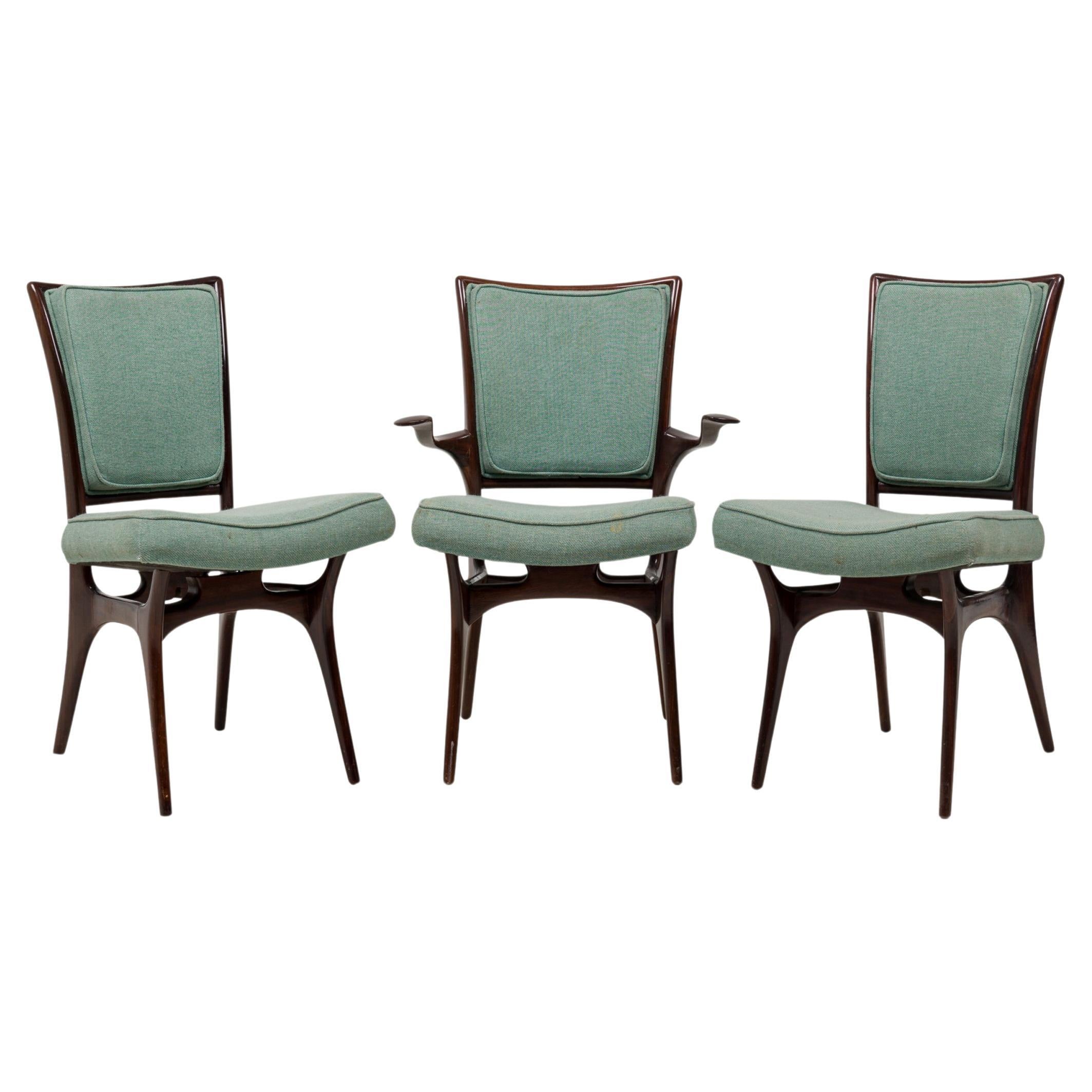 Set of 4 Vladimir Kagan Modern Dark Walnut Teal Upholstered Dining Chairs