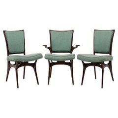 Set of 4 Vladimir Kagan Modern Dark Walnut Teal Upholstered Dining Chairs