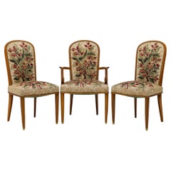 Satz von 10 Jules Leleu French Modern Fruitwood & Tapestry Dining Chairs