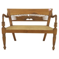 English Anglo-Indian Teak Loveseat, Cane Seat, Sunburst Back, Vintage