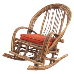 Rustic Adirondack Rocking Chair, Hand-Crafted Willow, Red Cushion, USA