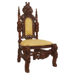 Italian Renaissance Mahogany Side Chair with Hand-Carved Beige Damask