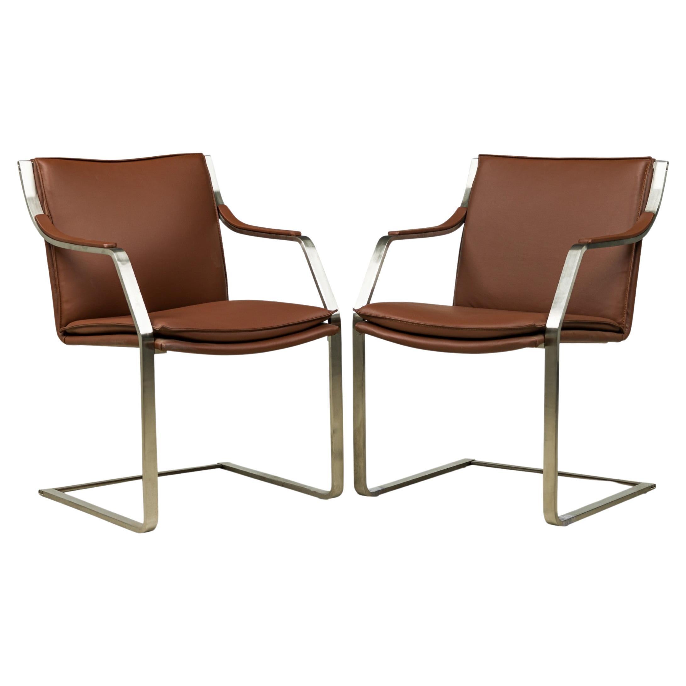 4 "Lisbon" / Modern Clay Brown Leather & Polished Silver Metal Armchairs For Sale