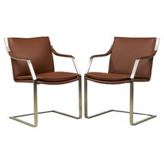 4 "Lisbon" / Modern Clay Brown Leather & Polished Silver Metal Armchairs