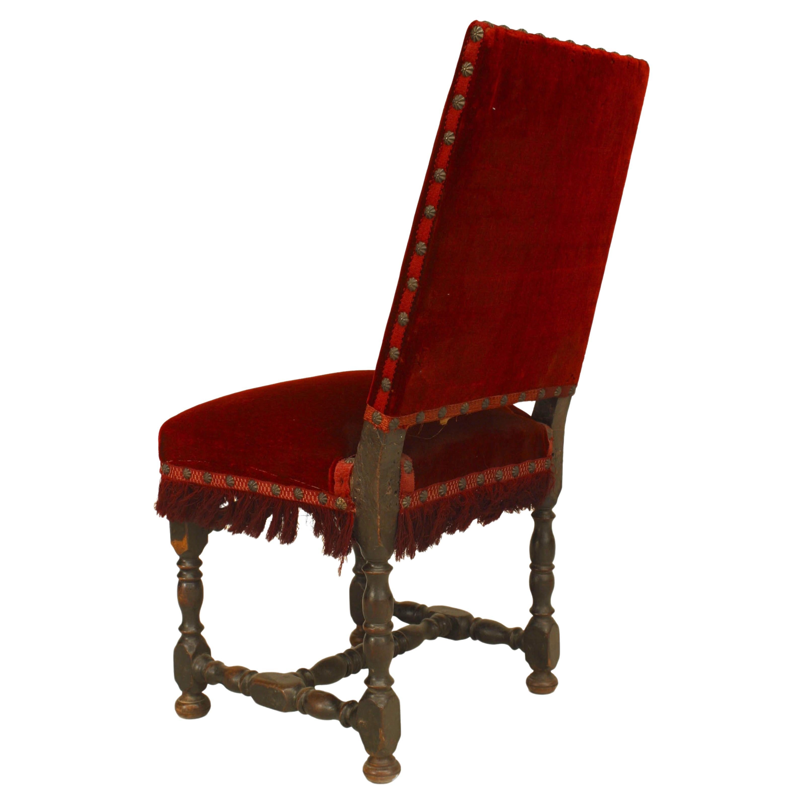 Hand-Carved English Renaissance Side Chair with Red Velvet Upholstery
