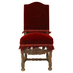 Hand-Carved English Renaissance Side Chair with Red Velvet Upholstery