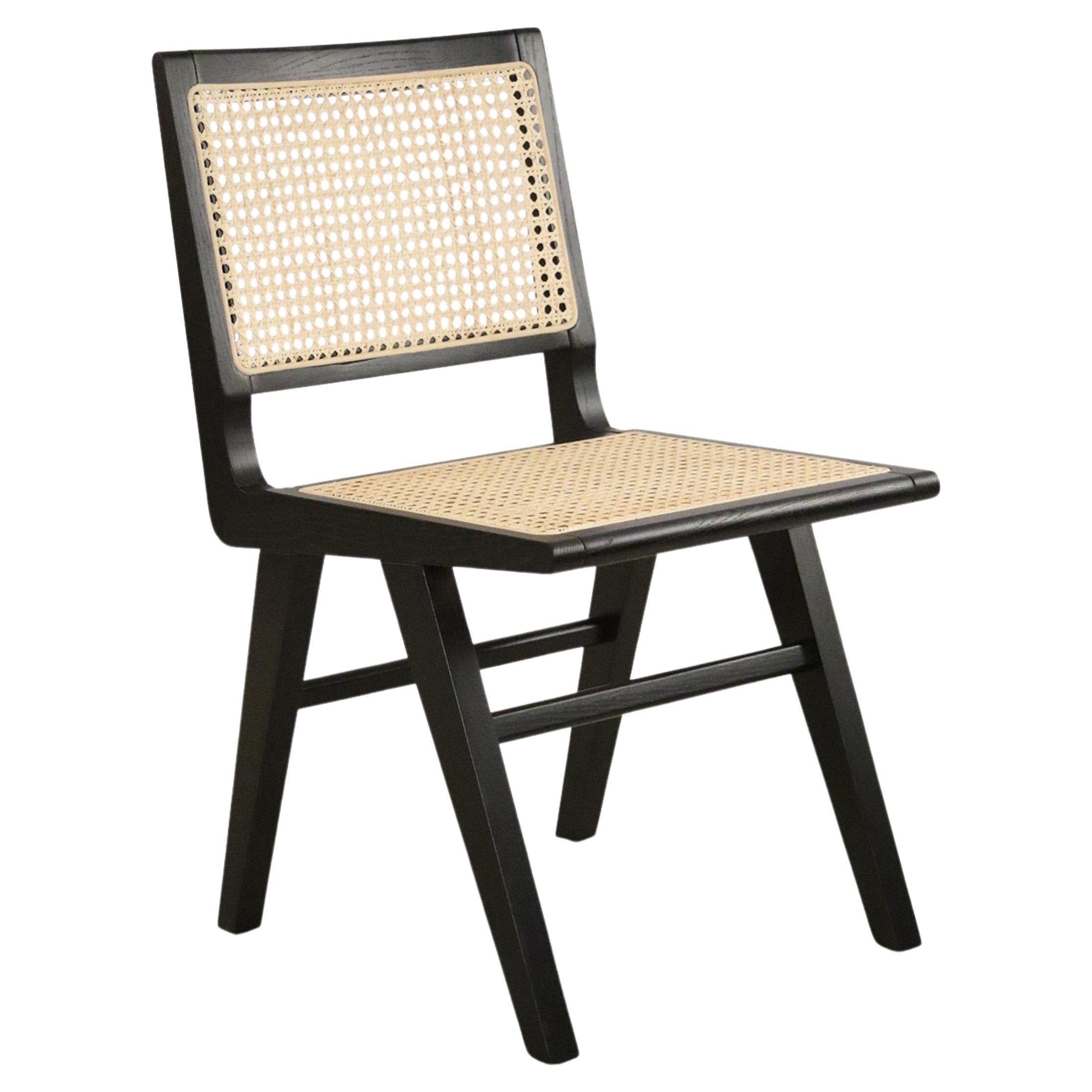 French Mid-Century Dining Side Chair, Black Hardwood Frame, Cane Seat