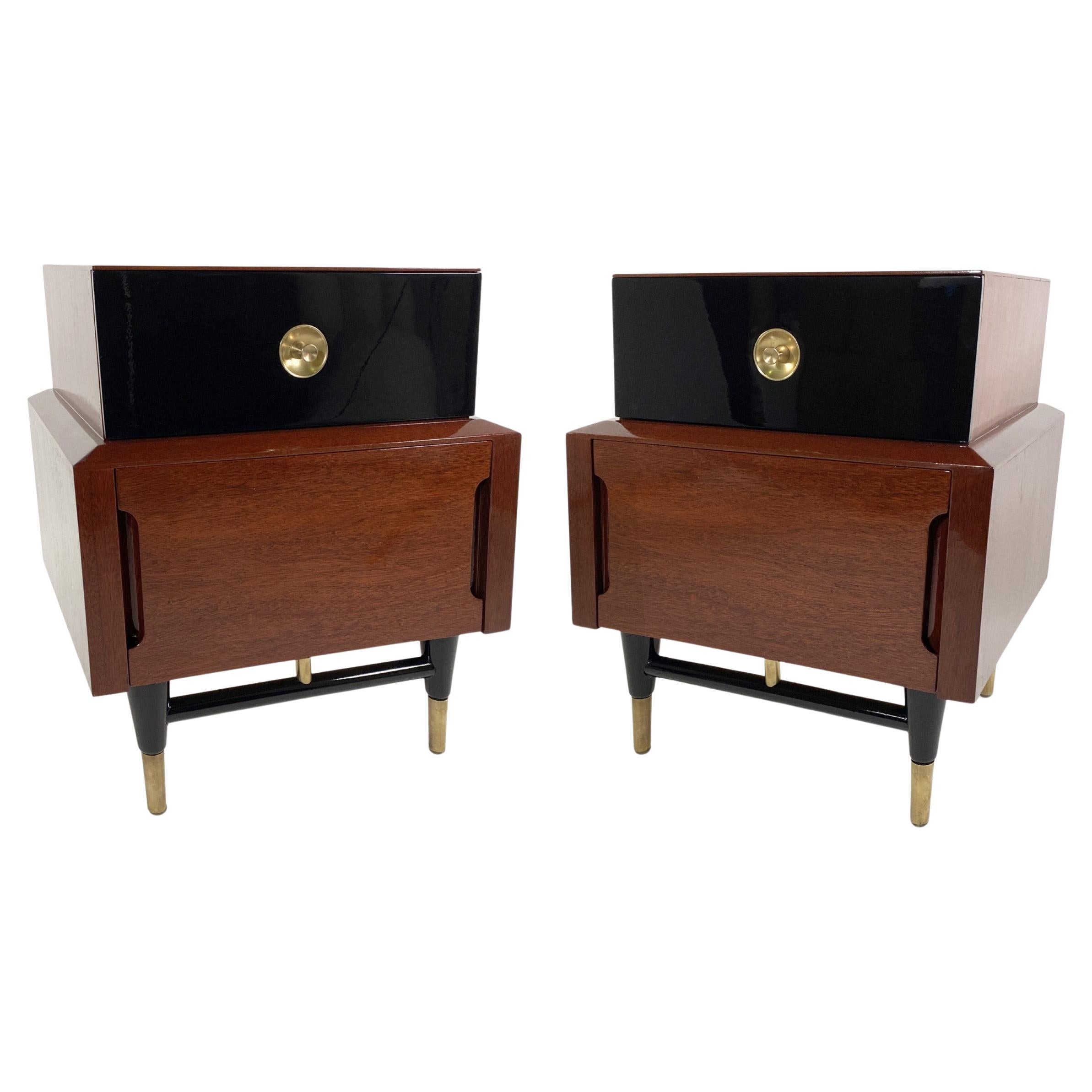 Pair Modern Mahogany & Ebonized Bedside Tables, of Martinsville