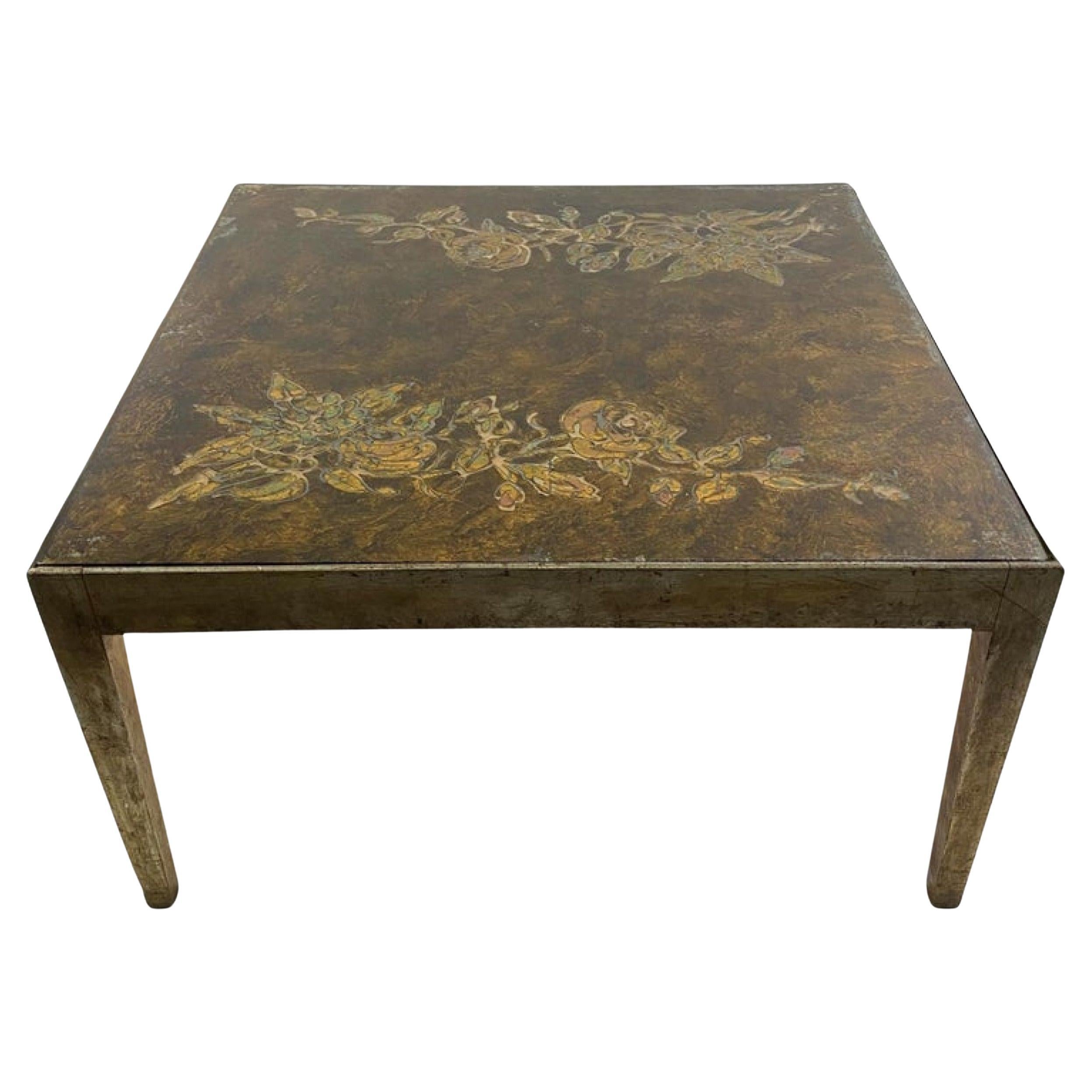Mesa de centro italiana moderna de plata dorada y cristal "eglomise", Max Ingrand