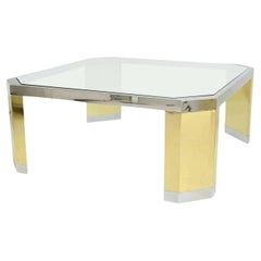 Table basse moderne américaine en laiton poli, chrome et verre, Ron Seff, 1970