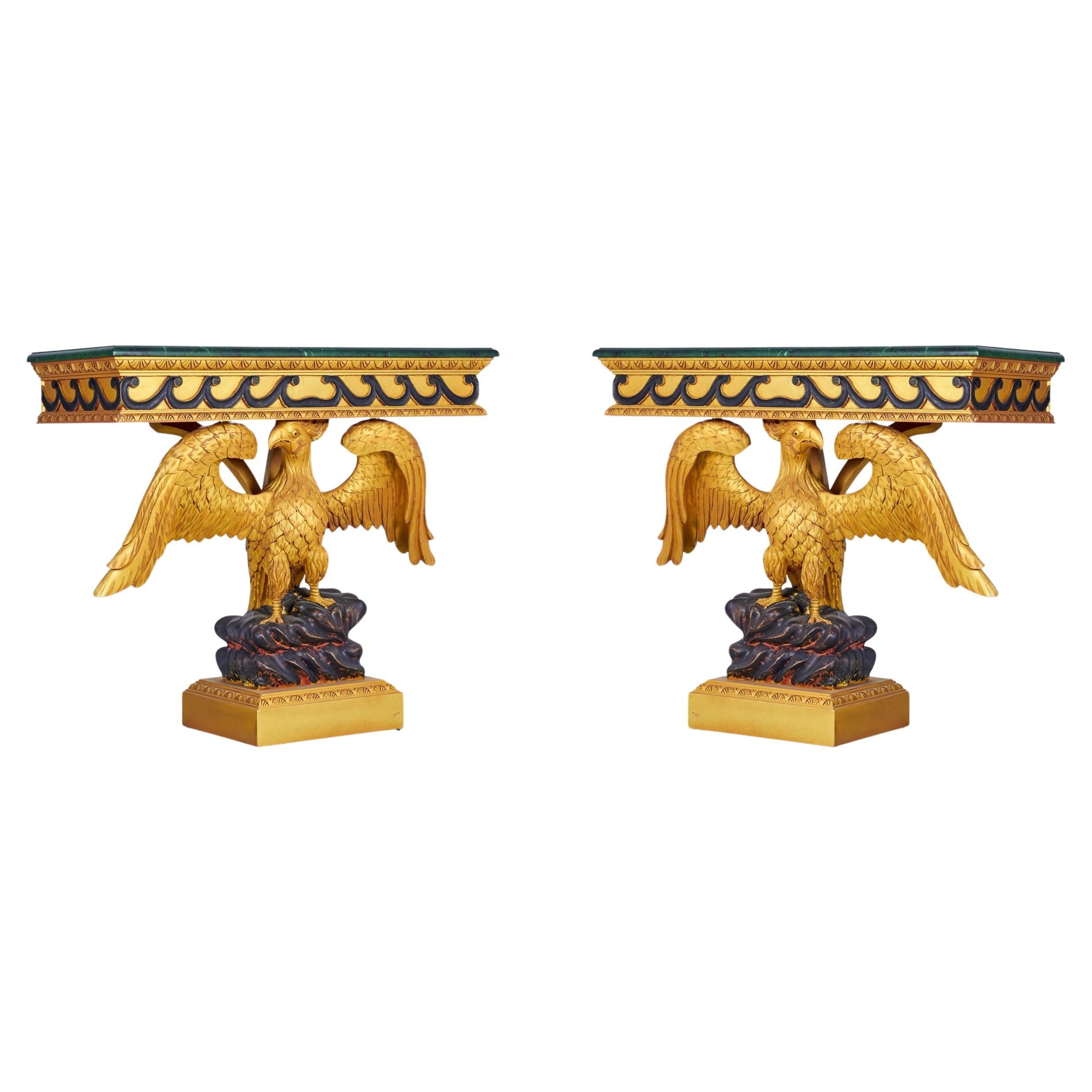 Pair of English Regency Style Gilt Eagle Base and Faux Marble Console Tables For Sale