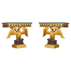 Pair of English Regency Style Gilt Eagle Base and Faux Marble Console Tables