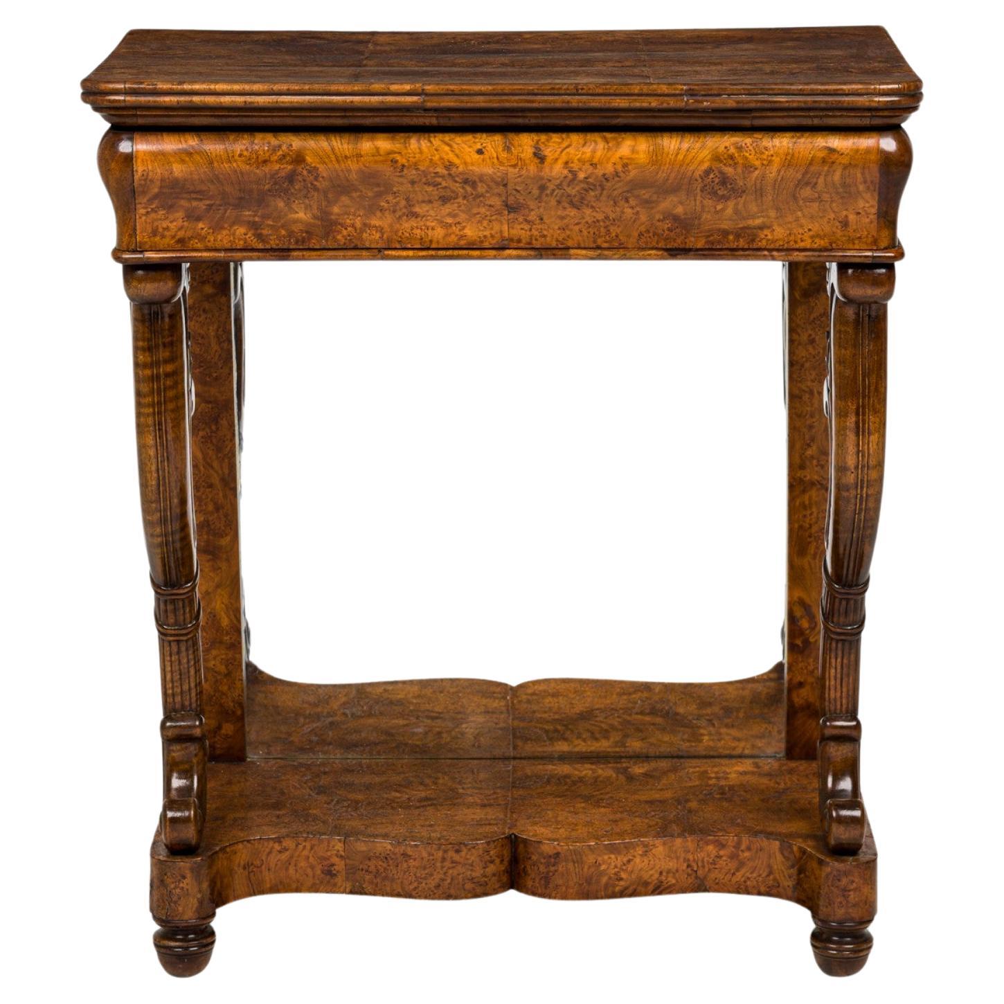 Antique Burl Elm Console Table, Mirror Back, Cabriole Legs, Circa 1850 For Sale