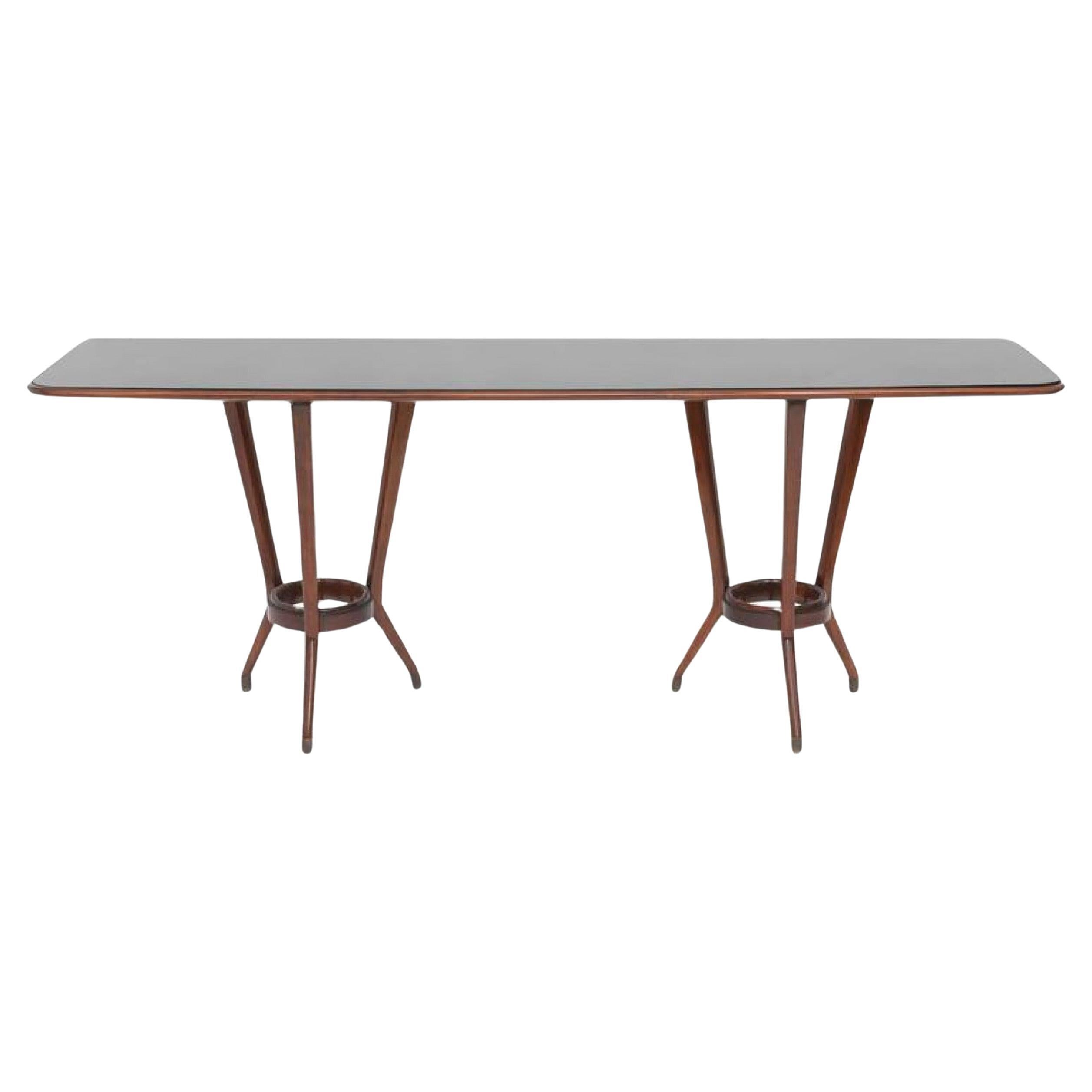 Italian Modern Mahogany, Brass and Black Glass Console Table, Guglielmo Ulrich