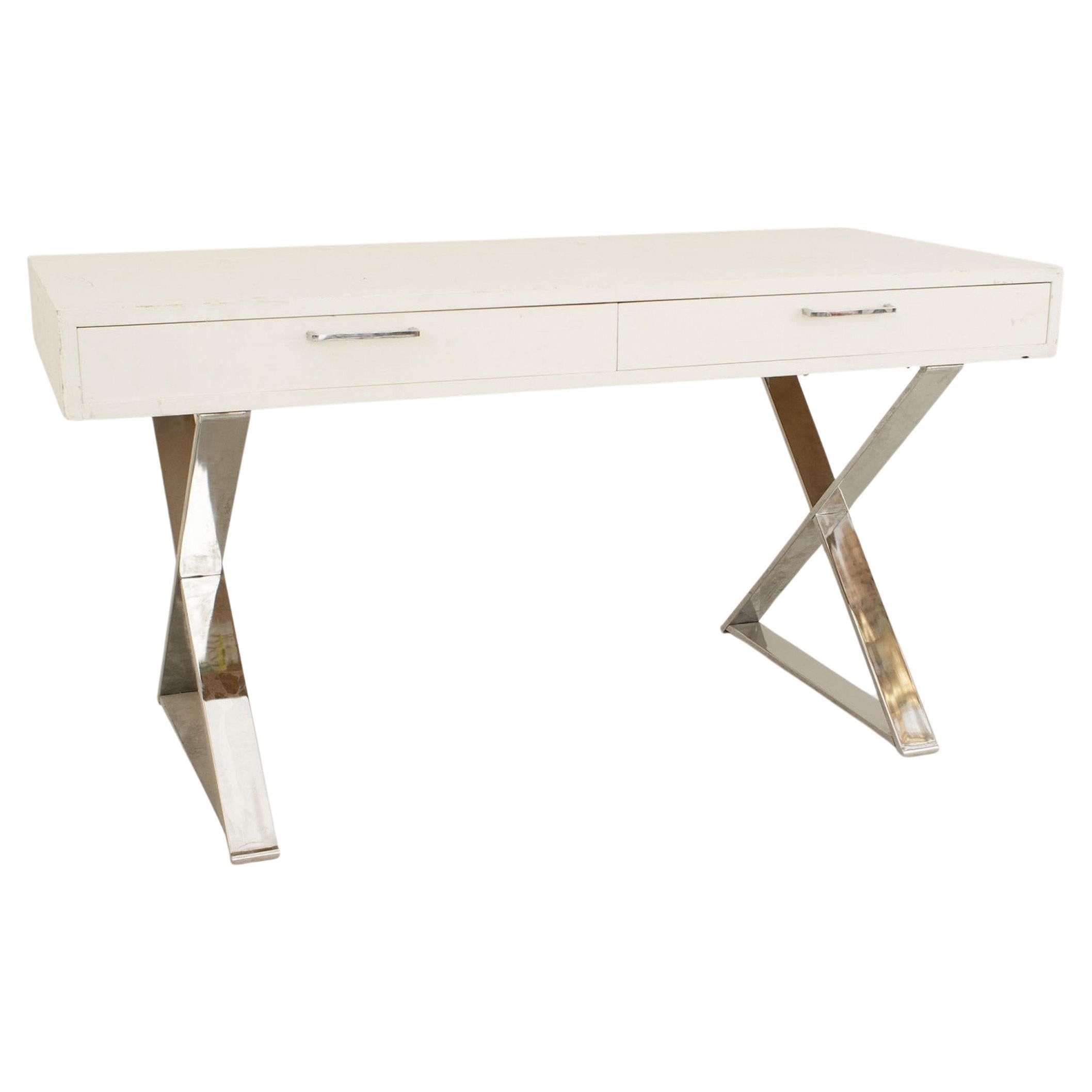 American Post-War White Wooden Table Desk with Chrome Base