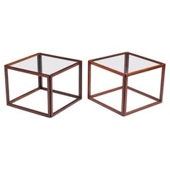 Mid-Century Brazilian Rosewood Cube Tables with Glass Tops