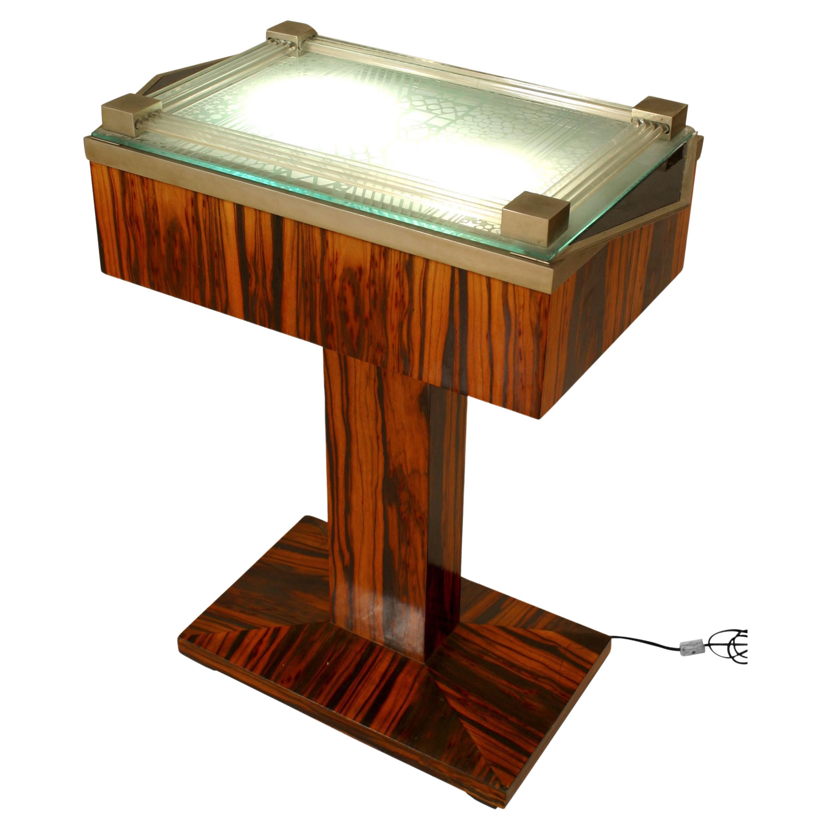 French Art Deco End Table, Palisander Wood, Etched Glass Top, 1930s For Sale