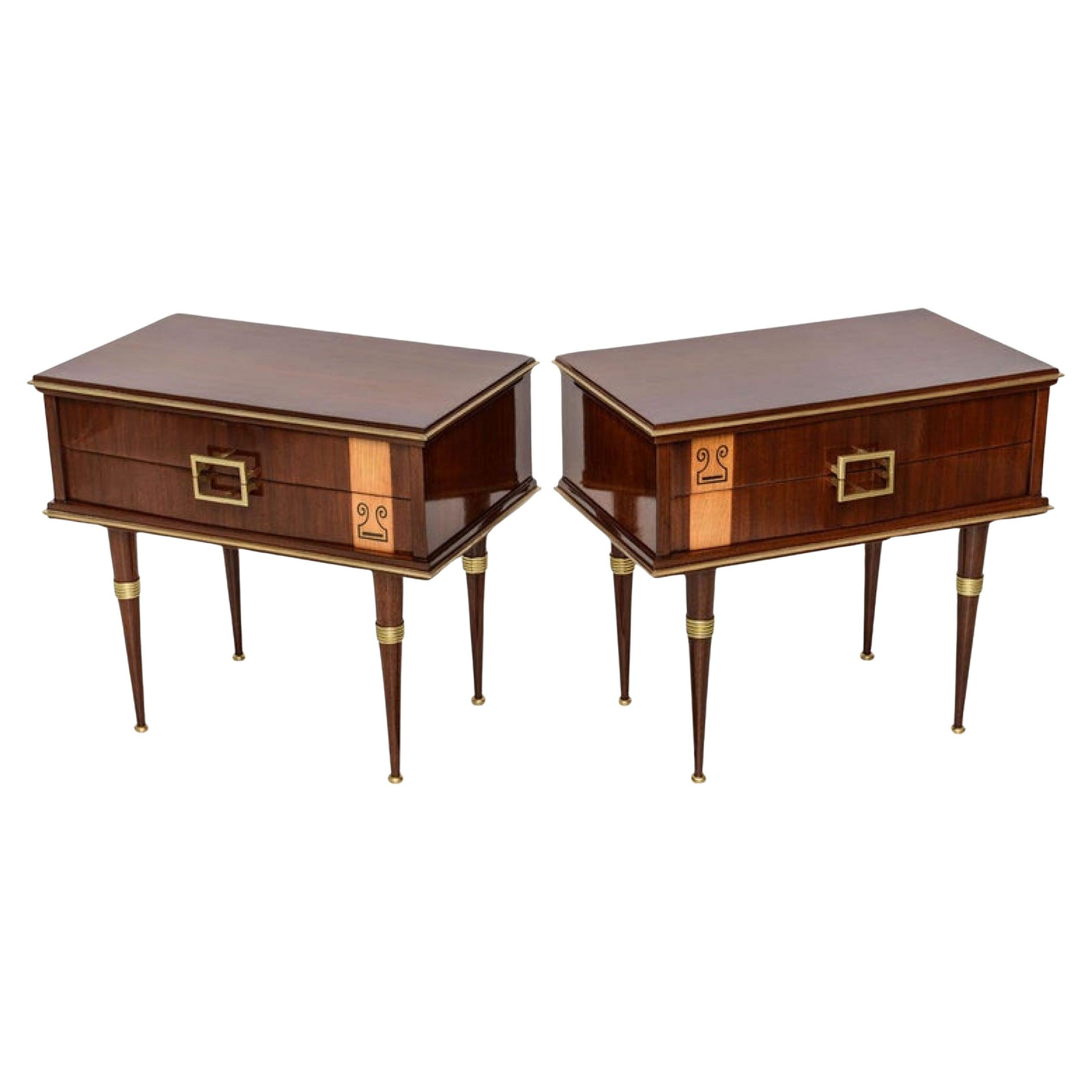 Pair of Italian Modern Walnut, Sycamore, and Bronze-Mounted Bedside Tables