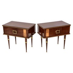 Pair of Italian Modern Walnut, Sycamore, and Bronze-Mounted Bedside Tables