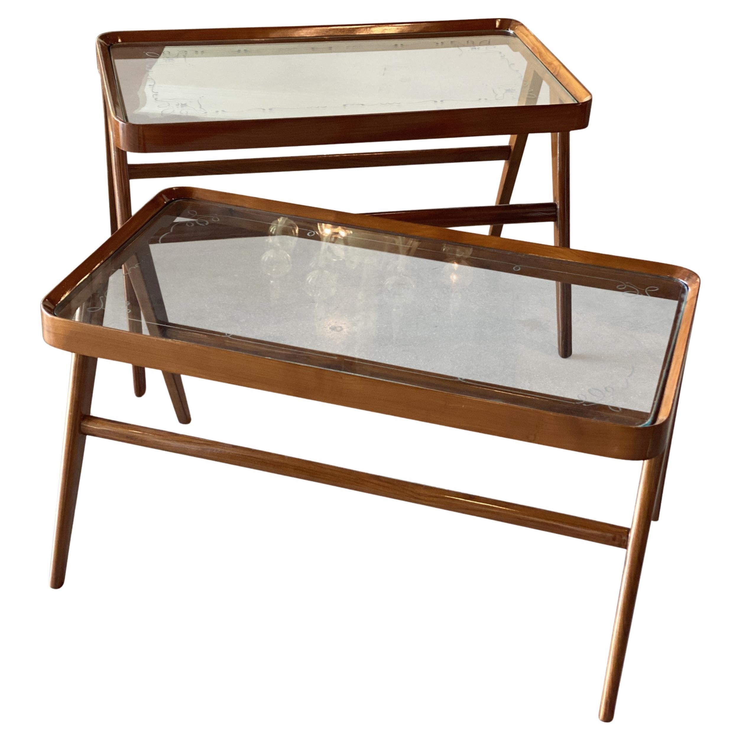 Pair of Similar Cherrywood & glass low tables attributed Carlo De Carli For Sale
