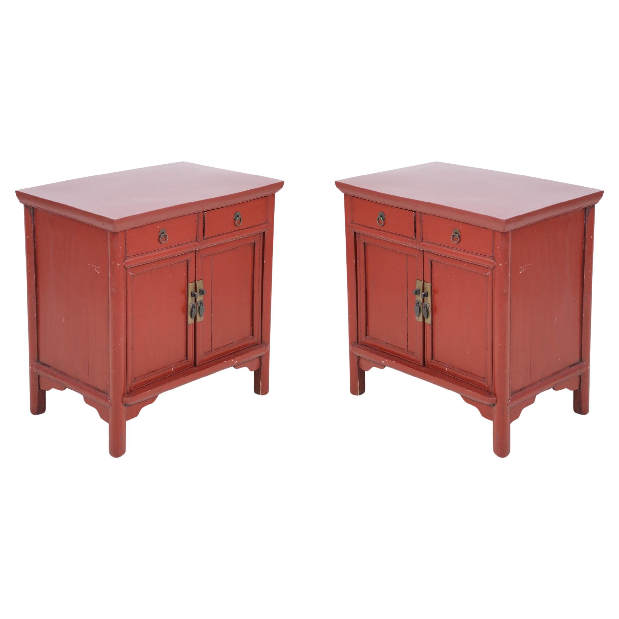 Chinese Red-Painted Wooden Commodes, Pair with Two Drawers, 1970s For Sale