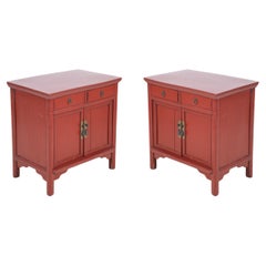 1970s Antique Chinese Red-Painted Wooden Commodes with Two Drawers