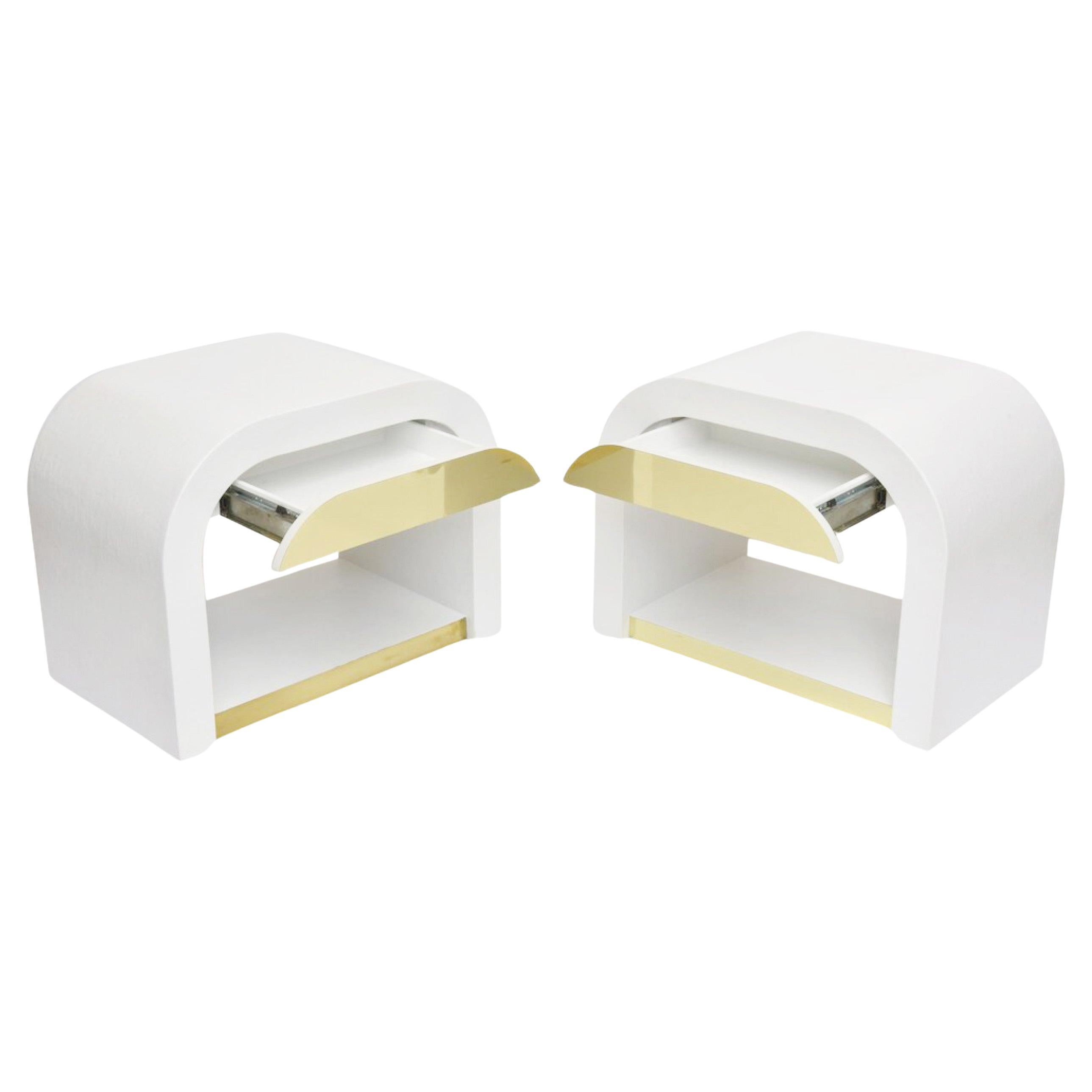 Pair of Enameled & Brass Waterfall Bedside Tables, in the style of Karl Springer For Sale