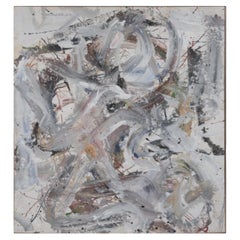 Abstrakte Komposition aus Broad-Bürstenstrichen und Farbspritzern aus Acryl auf Leinwand