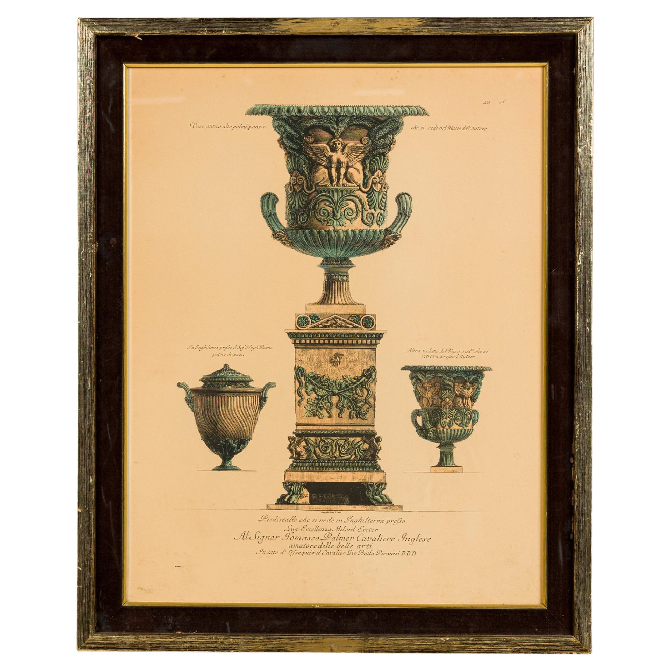 Framed Italian Neo-Classic Print of 3 Urns, Hand-Crafted, 20th Century