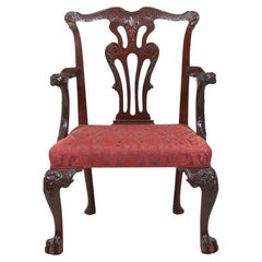 English Chippendale Mahogany Dining Armchair, Circa 1850, Red Fabric