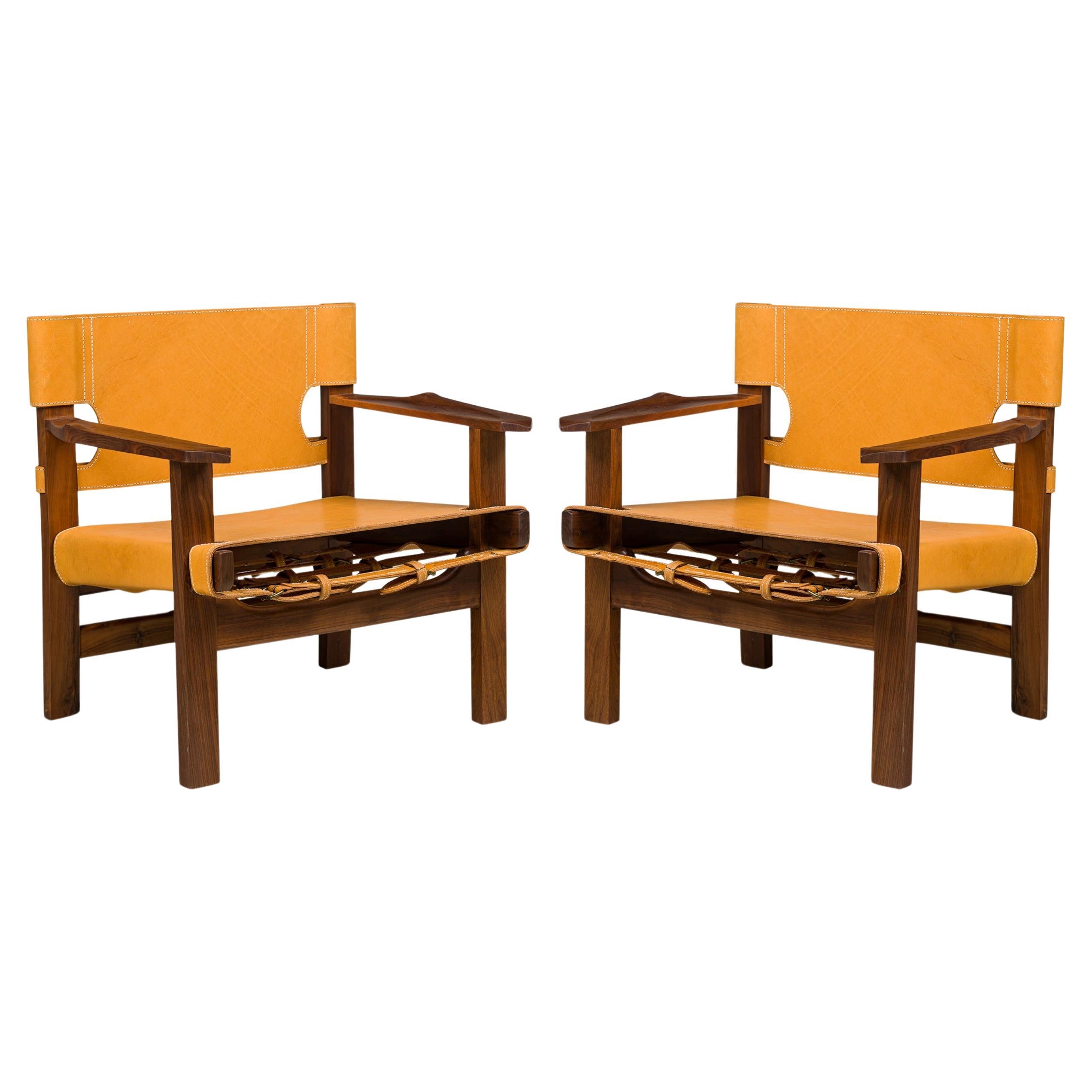 Cintro Style Walnut Armchairs with Saddle Tan Leather Upholstery