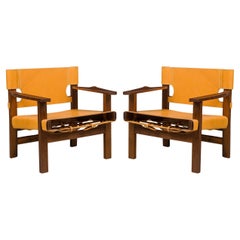 Cintro Style Walnut Armchairs with Saddle Tan Leather Upholstery