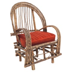 Hand-Crafted Rustic Adirondack Armchair with Red Cushion, 20th Century