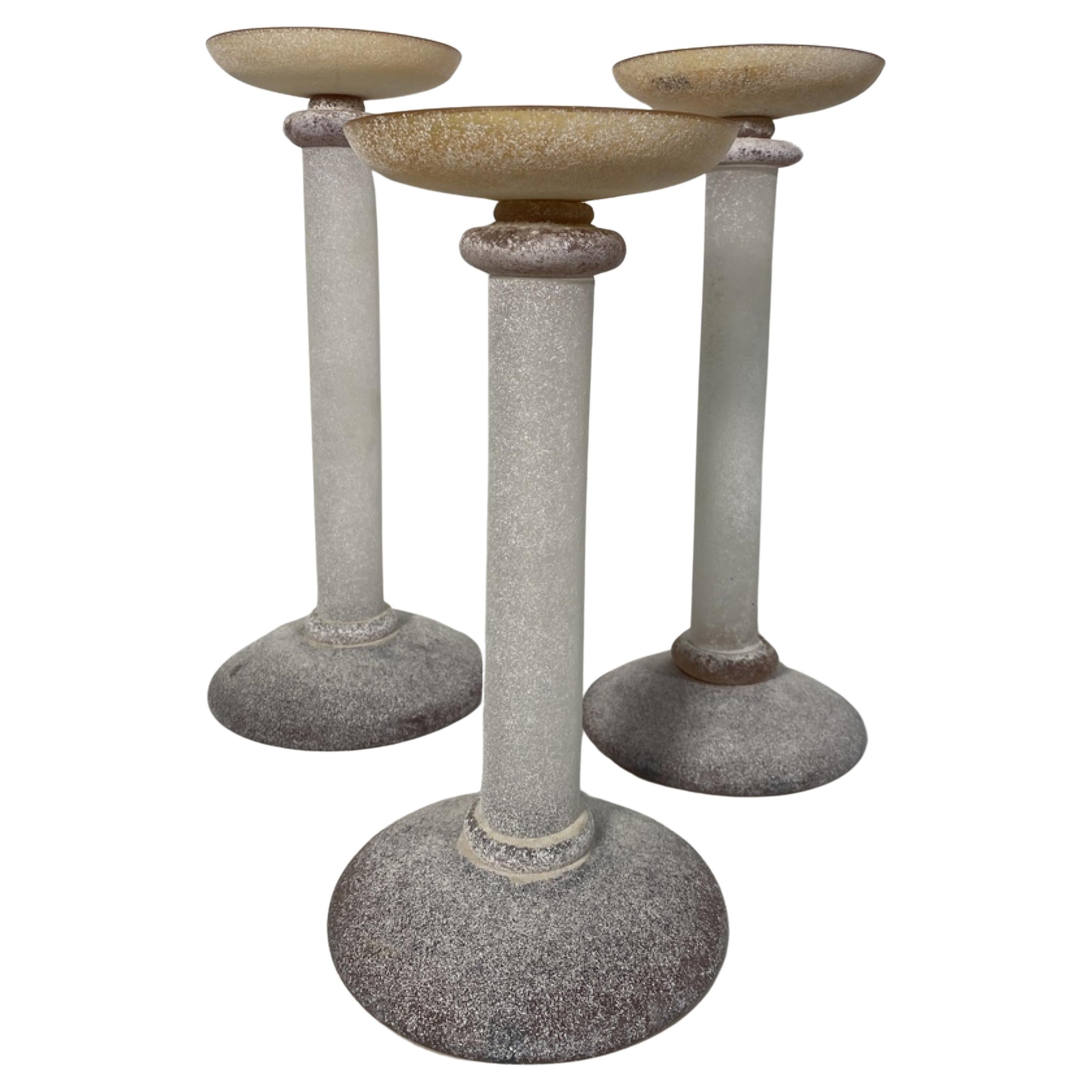 Set of 3 Karl Springer Midcentury Venetian Amber Scavo Glass Candlestick by Segu