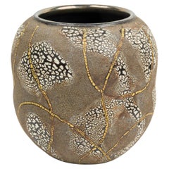 Gary DiPasquale Grey-Brown Textured Gourd Vase with White Bark Abstract Line