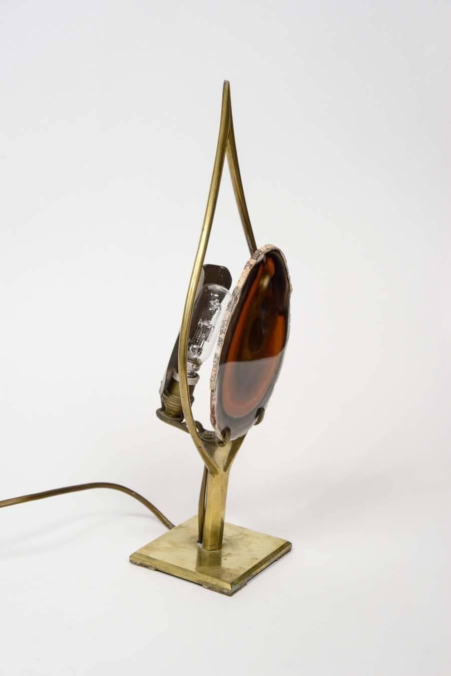 Belgian Original Brass and Agate Willy Rizzo Table Lamp For Sale