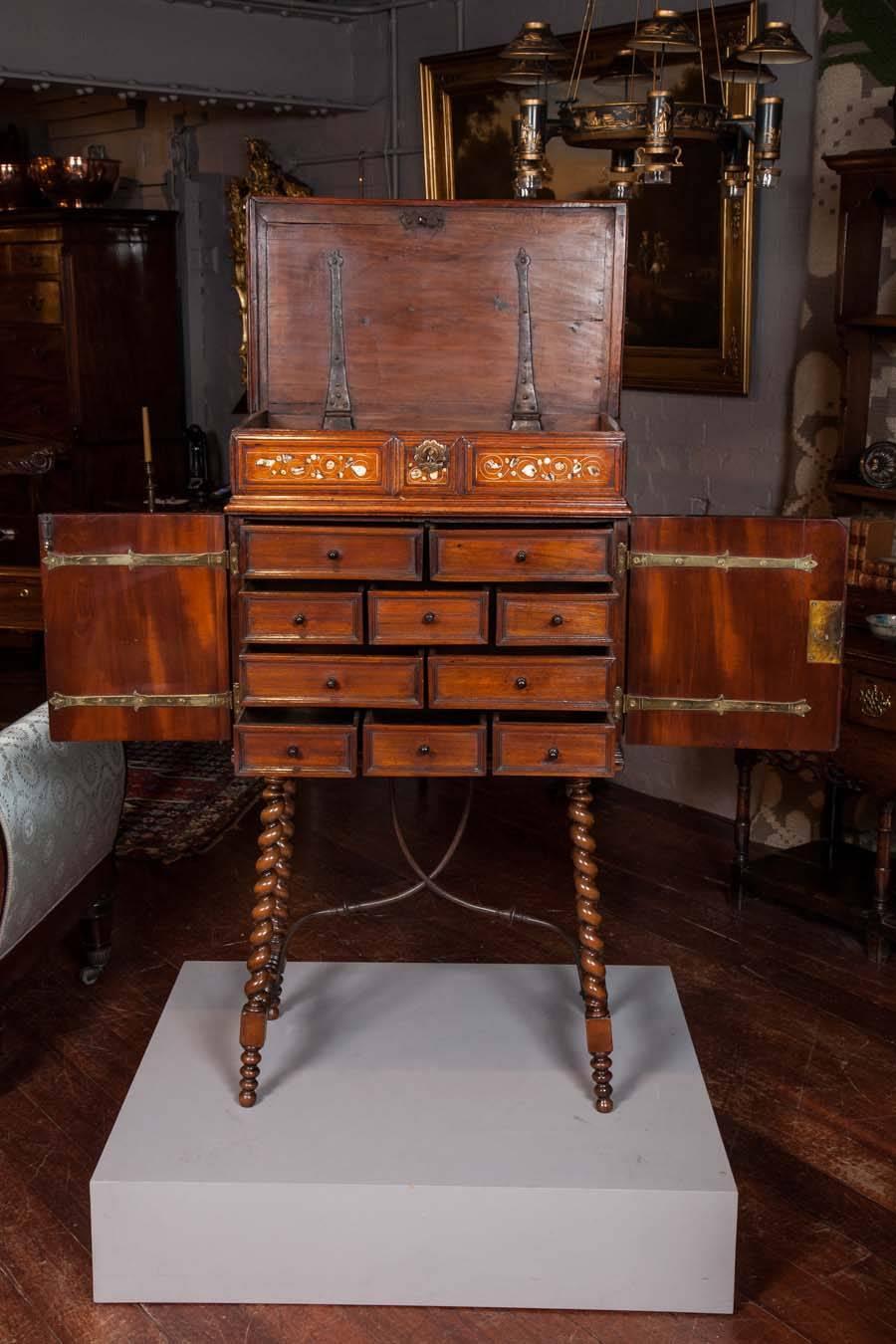 18th Century and Earlier 17th Century Indo-Portuguese Walnut Cabinet on Stand with mother-of-pearl inlay