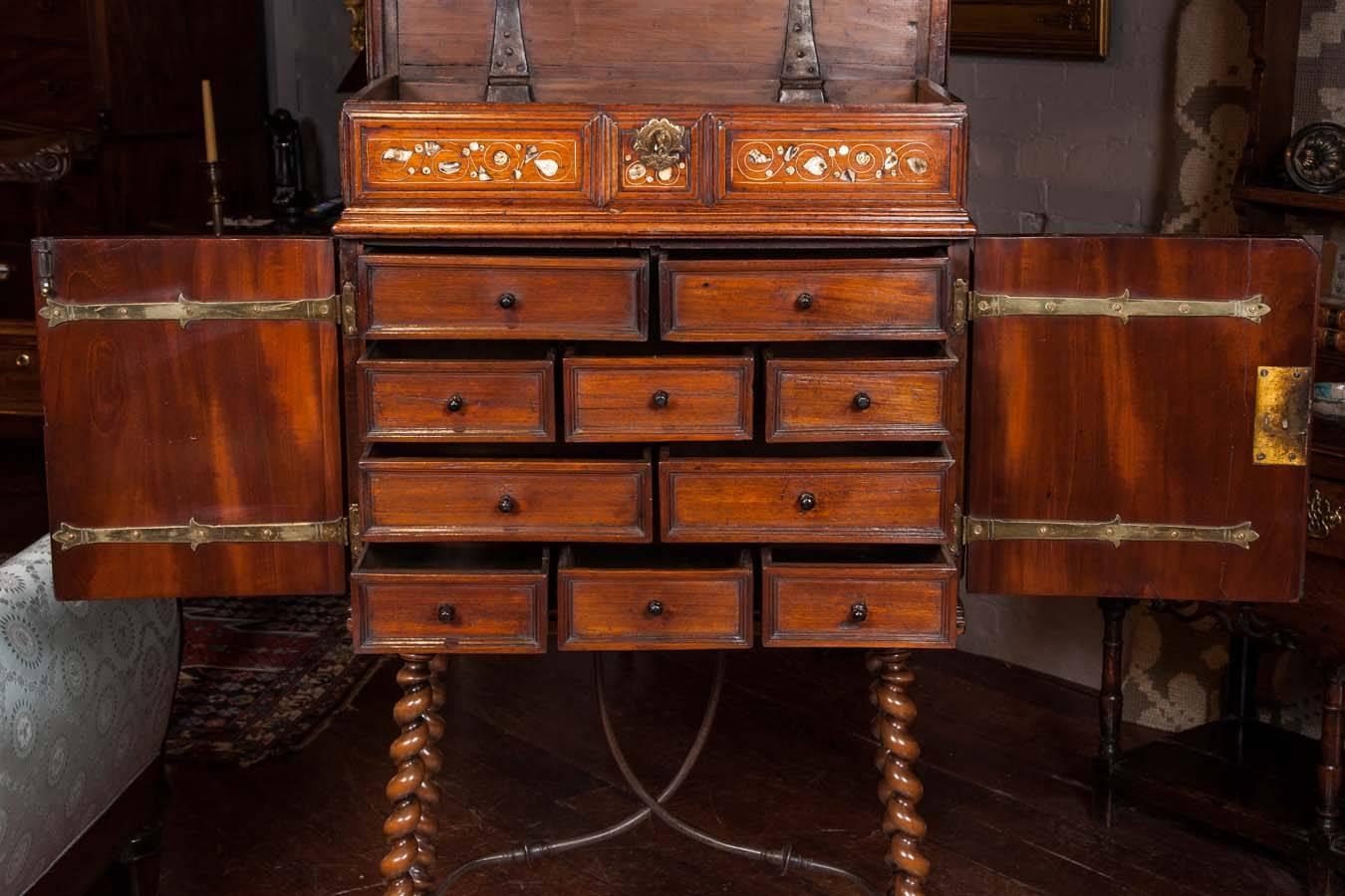 Bone 17th Century Indo-Portuguese Walnut Cabinet on Stand with mother-of-pearl inlay