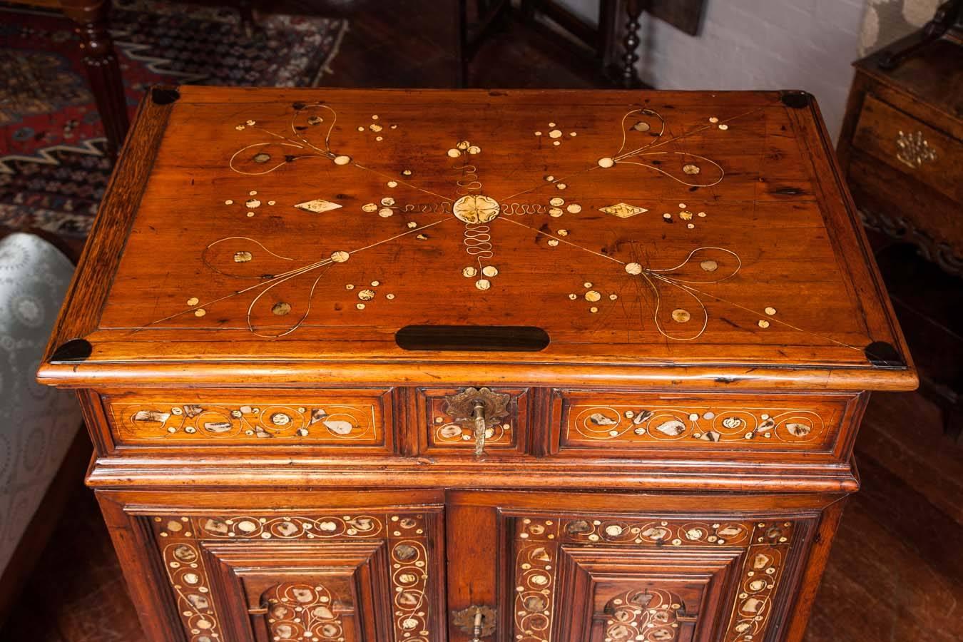 17th Century Indo-Portuguese Walnut Cabinet on Stand with mother-of-pearl inlay 1
