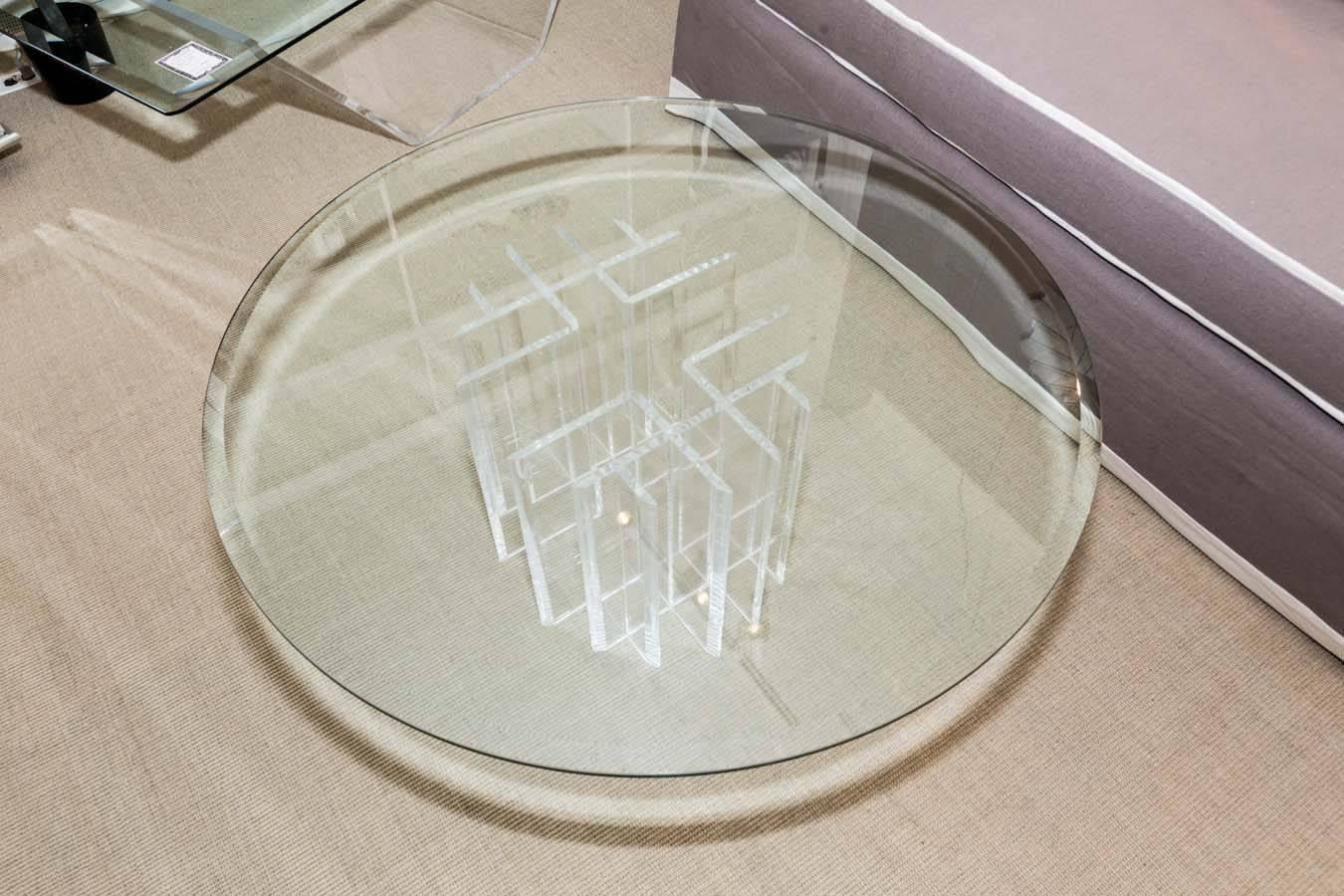 Mid-Century Modern Mid-Century Round Glass Top Coffee Table with Two-Part Lucite Base For Sale