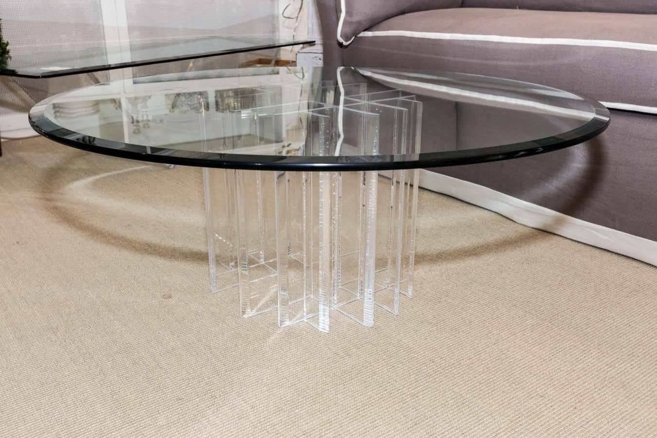 Mid-Century Round Glass Top Coffee Table with Two-Part Lucite Base For Sale 1