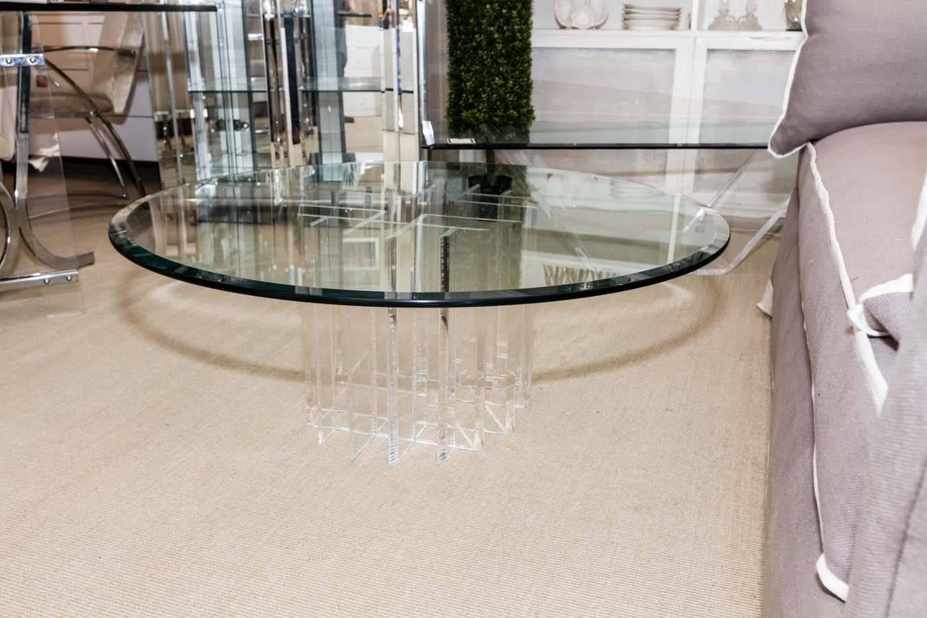 Mid-Century Round Glass Top Coffee Table with Two-Part Lucite Base For Sale 3