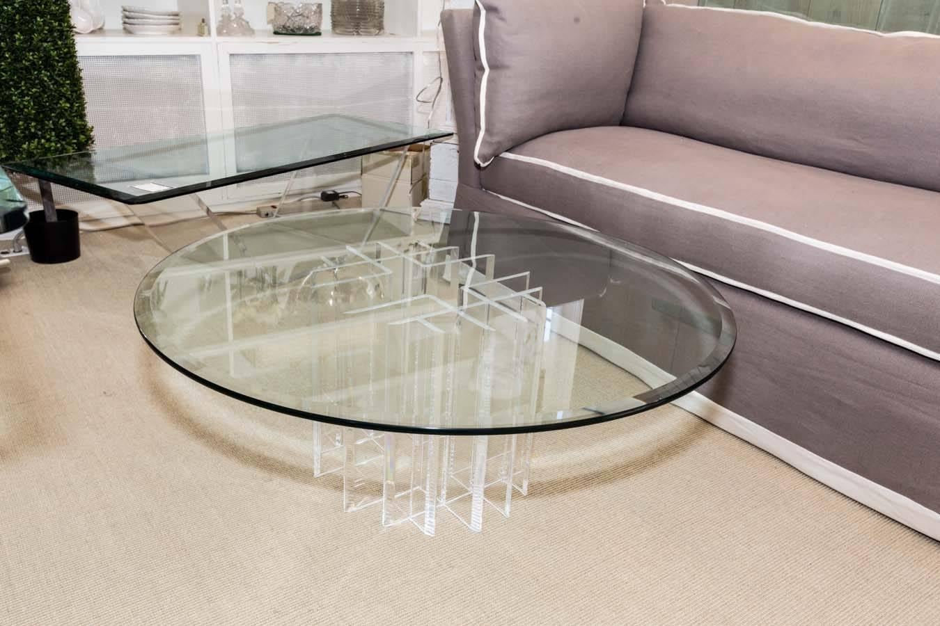 Mid-Century Round Glass Top Coffee Table with Two-Part Lucite Base For Sale 4