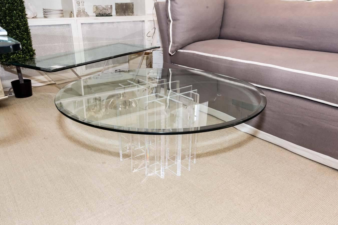 Mid-Century Round Glass Top Coffee Table with Two-Part Lucite Base For Sale 5