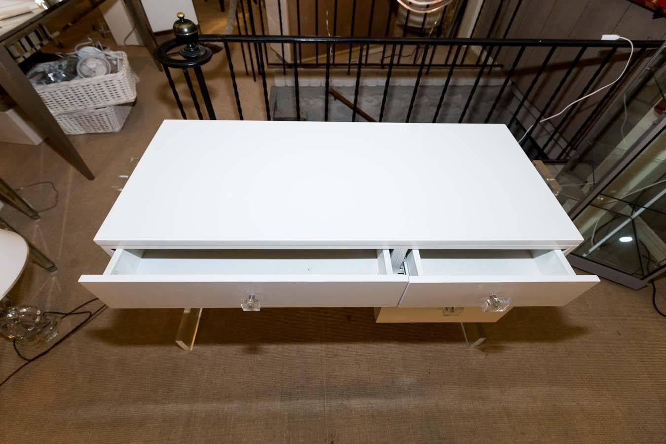 Very Attractive and Unusual White Lacquer Desk with Lucite Sides 1