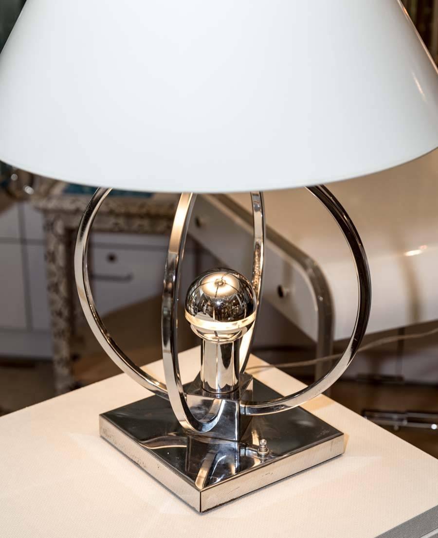 Unusual Chrome Spherical Table Lamp with Custom Shade In Good Condition For Sale In Water Mill, NY