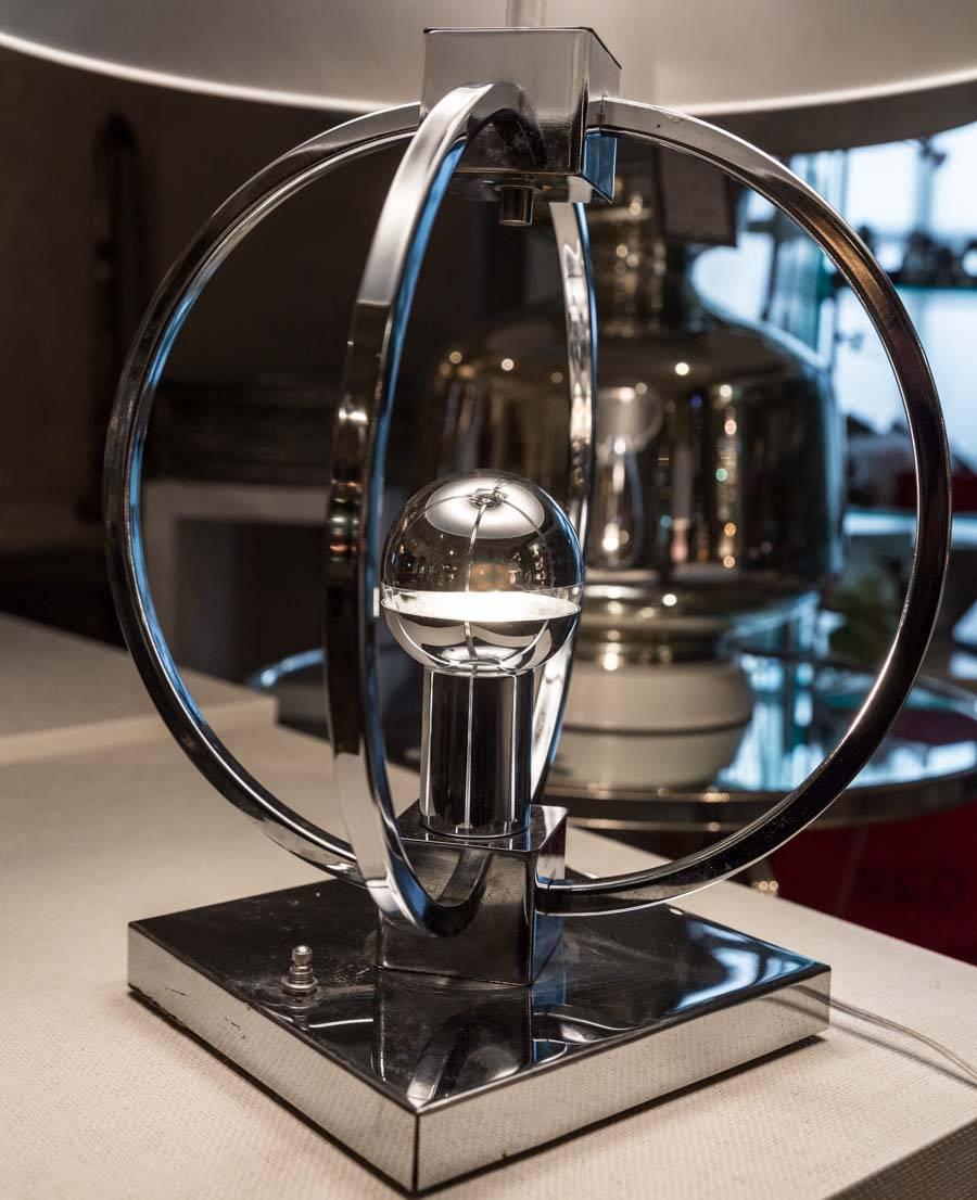 Unusual Chrome Spherical Table Lamp with Custom Shade For Sale 2